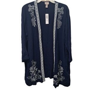 Chico's Floral Embroidery Pattern Crinkle Open Front Cardi Jacket Midnight Sz 2